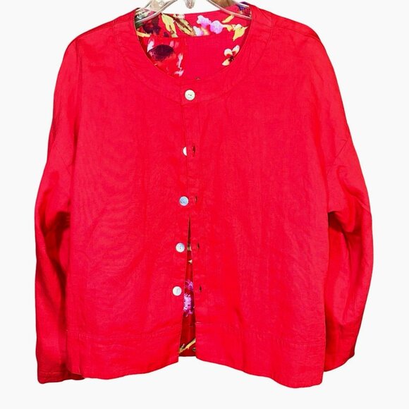 Peck & Peck Reversible Linen Blazer Sz L Red Floral Resortcore Quiet Luxury VTG - Picture 2 of 7